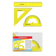 Набор геометрический ErichKrause Neon линейка 15см, угольник 9см/45°, транспортир 180°/10см цвет желтый в zip-пакете