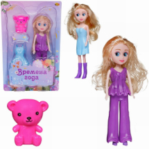 Кукла ABtoys Времена года 17 см в фиолетовом брючном костюме с медвежонком и дополнительным голубым платьем