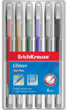 Ручка гелевая ErichKrause Glitter в наборе из 6 штук (пауч, ассорти шесть цветов)