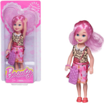 Кукла Junfa 13 см в платье с бежевым леопардовым верхом и розовой юбкой с сумочкой