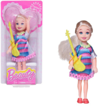 Кукла Junfa 13 см в полосатом розово-голубом платье с гитарой