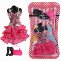 Одежда для куклы 29 см Junfa: розовое платье, пара обуви, сумочка