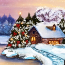 Набор для творчества Рыжий кот Холст с красками по номерам Зимний пейзаж с елью и домом 20*20