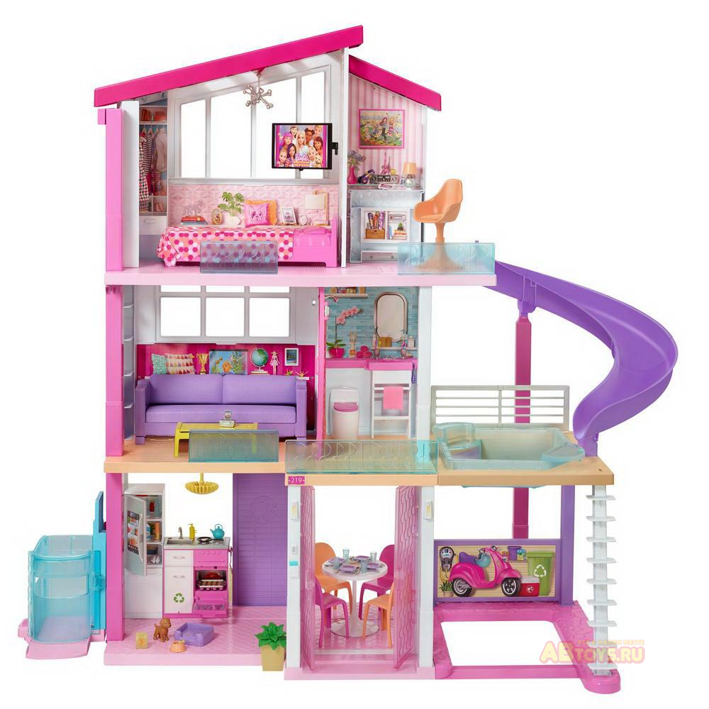 Игровой набор Mattel Barbie Дом Мечты трехэтажный с лифтом, бассейном, горкой и мебелью