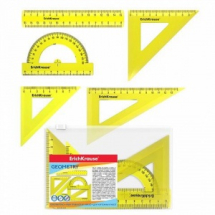 Набор геометрический ErichKrause Neon линейка 15см, угольники 7см, 9см и 13см, транспортир 180° цвет желтый в zip-пакете