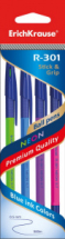 Ручка шариковая ErichKrause R-301 NEON 0.7 Stick&Grip в наборе из 4 штук синие (пакет)